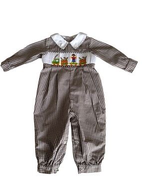 Zuccini Smocked Fall Scarecrow One Piece Romper 6 Months Brown White Gingham